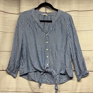 Beachlunchlounge Blue White Striped Tie Front Button Down Shirt Blouse Small